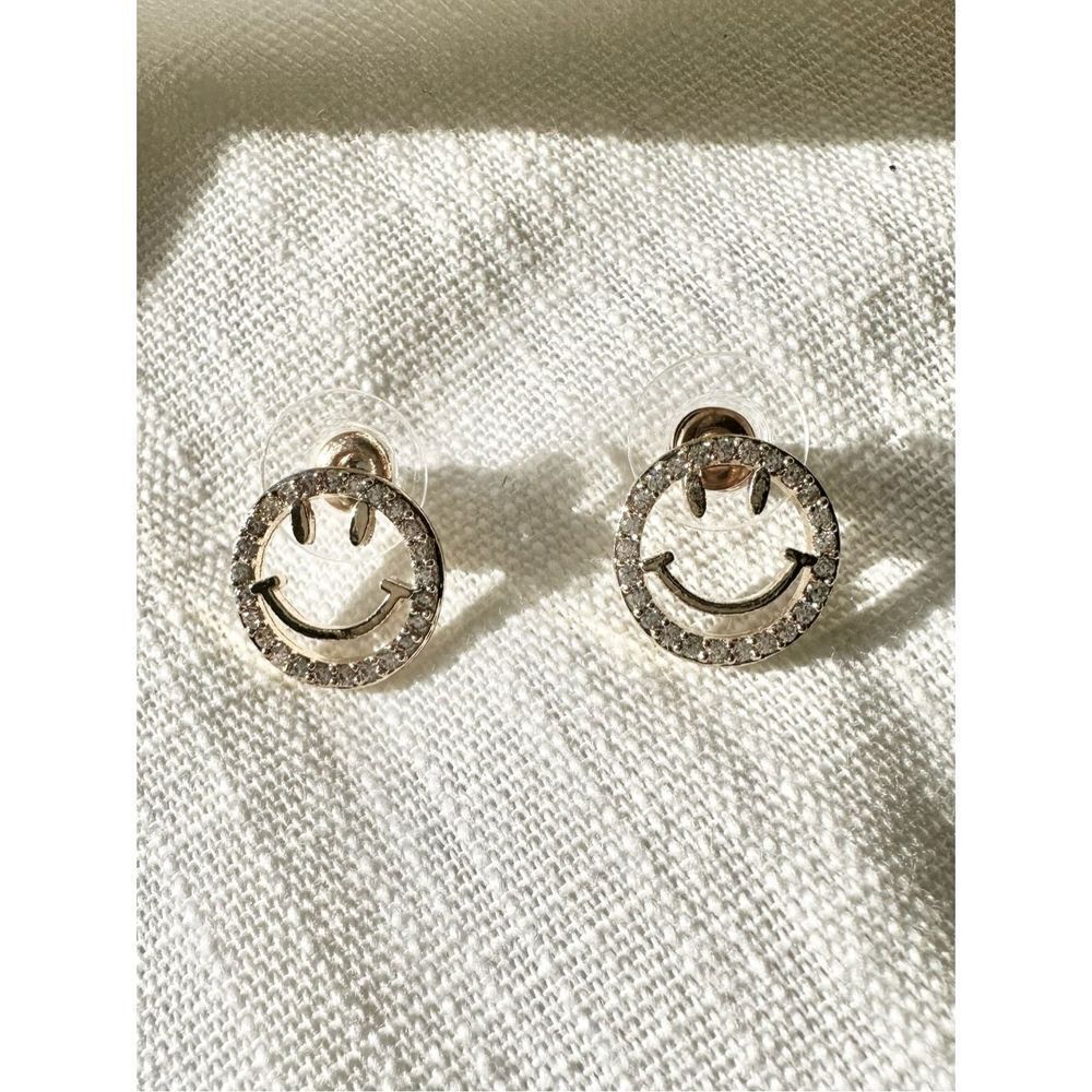 Smiley face earrings - gold w/ CZ Floss